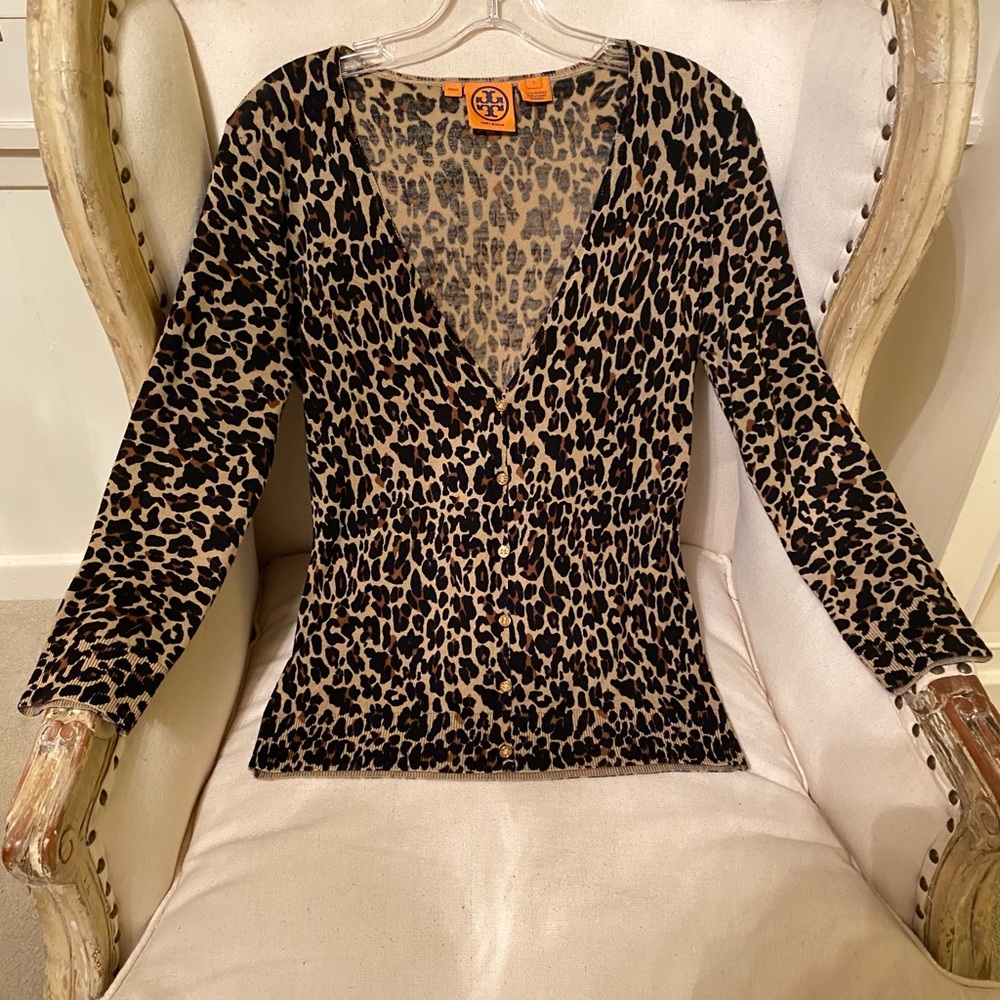 Tory Burch new leopard print merino wool cardigan